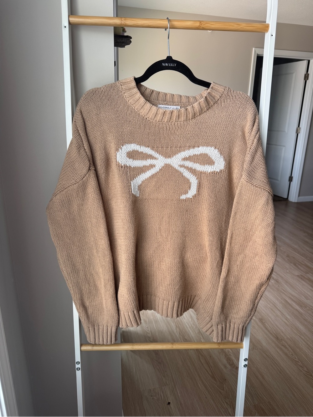 Sincerely Jules Beige Crewneck Sweater with White Bow - Picture 4 of 6